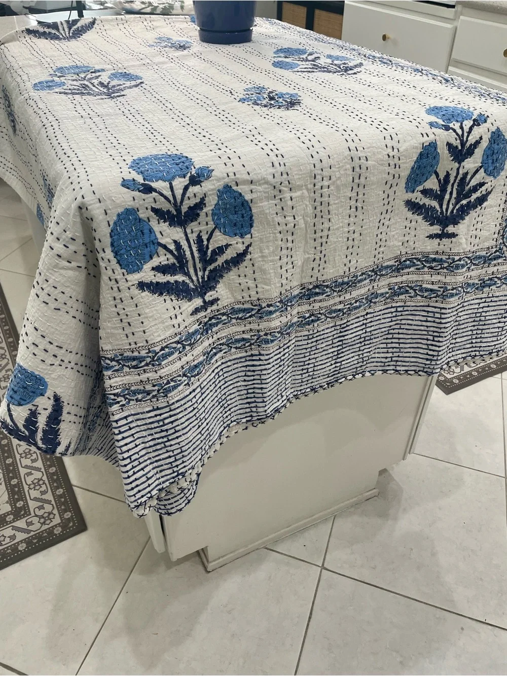 Kantha Queen Size Blue/White Floral hand stitched 90 X 108